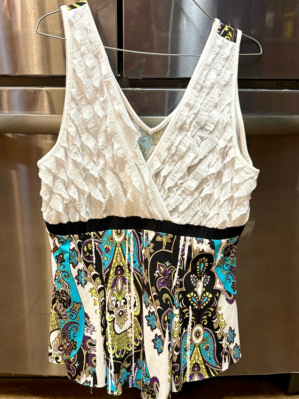 Cato White Ruffled V-Neck Tank with Blue & Green Paisley Bottom-Size Large